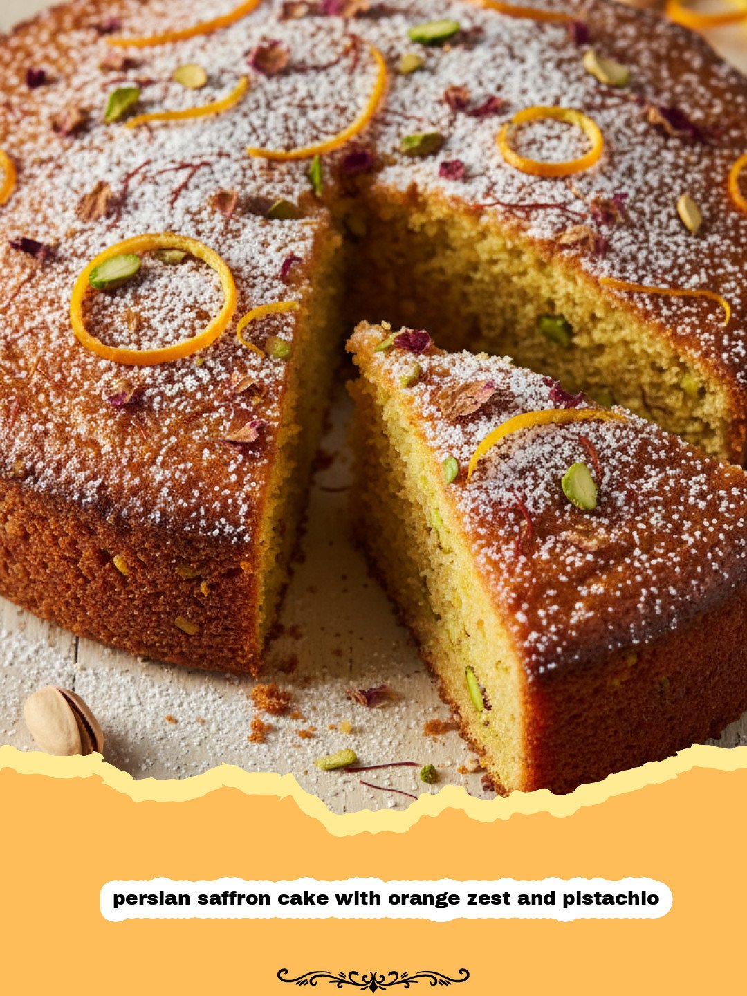 persian saffron cake with orange zest and pistachio - A golden Persian saffron cake topped with orange zest and green pistachios on a white plate.