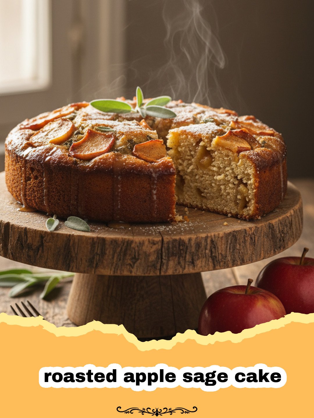 Warm and Earthy Roasted Apple Sage Cake with Brown Butter 3 A close-up shot of a sliced roasted apple sage cake on a rustic wooden table with fresh sage leaves as garnish.