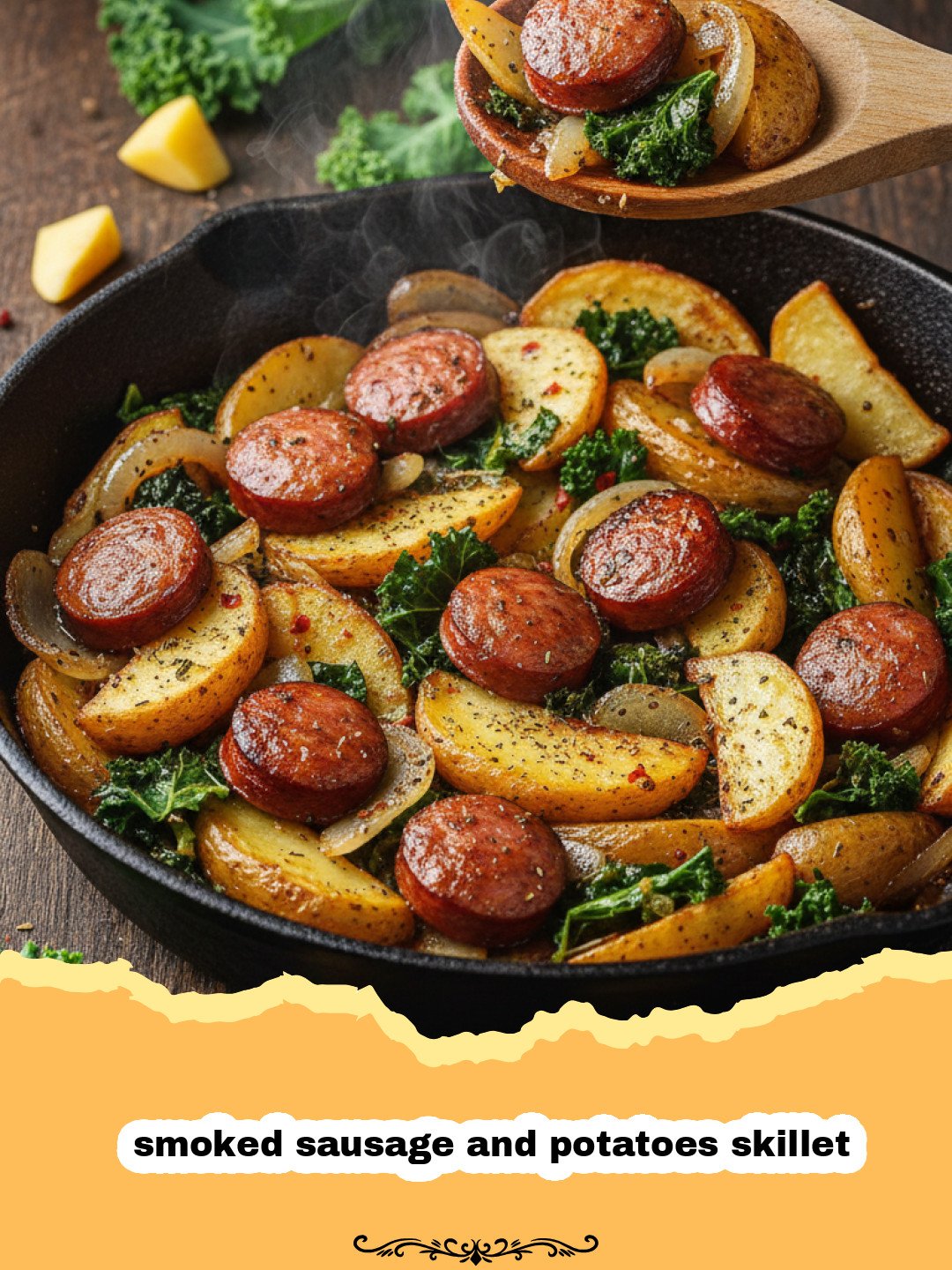 A sizzling smoked sausage and potatoes skillet with golden brown potatoes and colorful peppers.