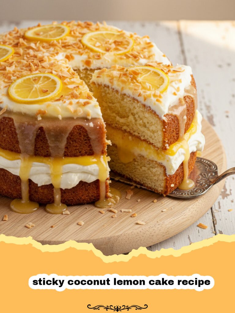 sticky coconut lemon cake recipe - A close up of a slice of sticky coconut lemon cake with lemon zest on top