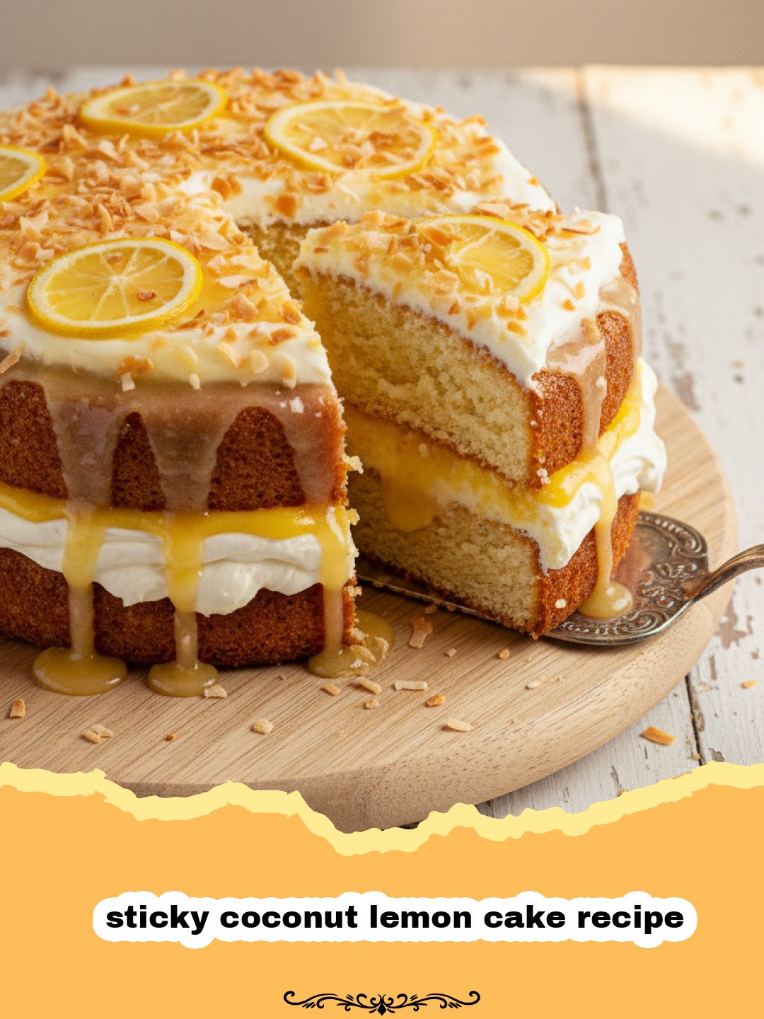 sticky coconut lemon cake recipe - A close up of a slice of sticky coconut lemon cake with lemon zest on top