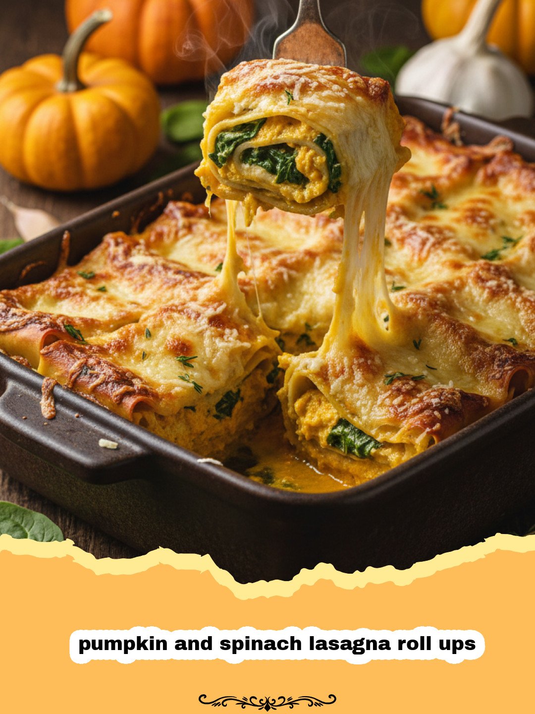 The Ultimate Creamy Pumpkin and Spinach Lasagna Roll Ups 3 A close-up of golden brown pumpkin and spinach lasagna roll ups in a white ceramic dish.