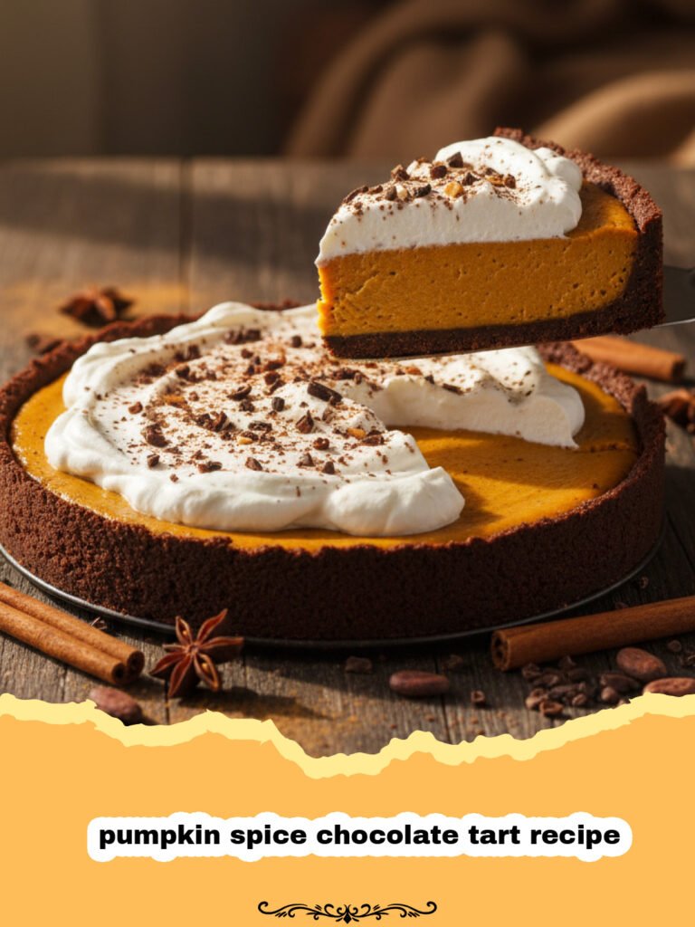 pumpkin spice chocolate tart recipe - A beautiful slice of pumpkin spice chocolate tart on a ceramic plate with fall leaves in the background.
