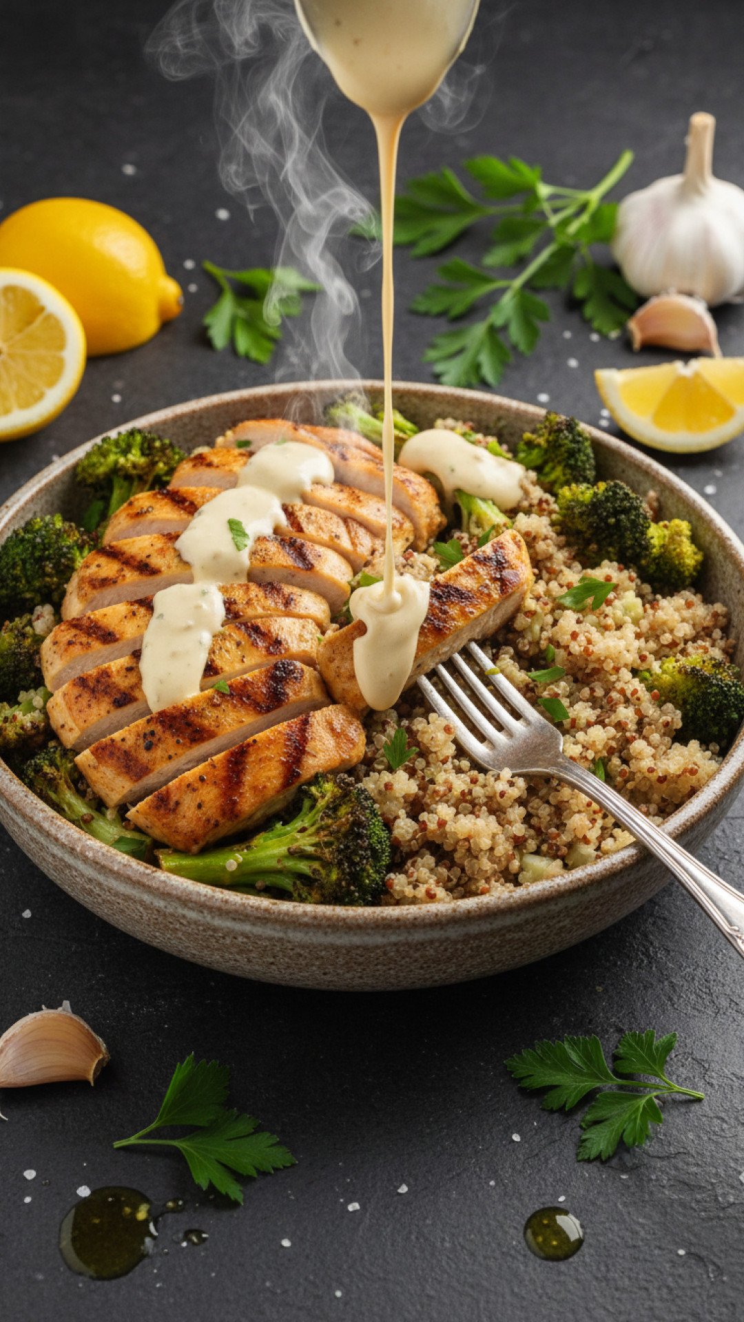 Grilled Chicken Broccoli Bowls with Creamy Garlic Sauce Preparation