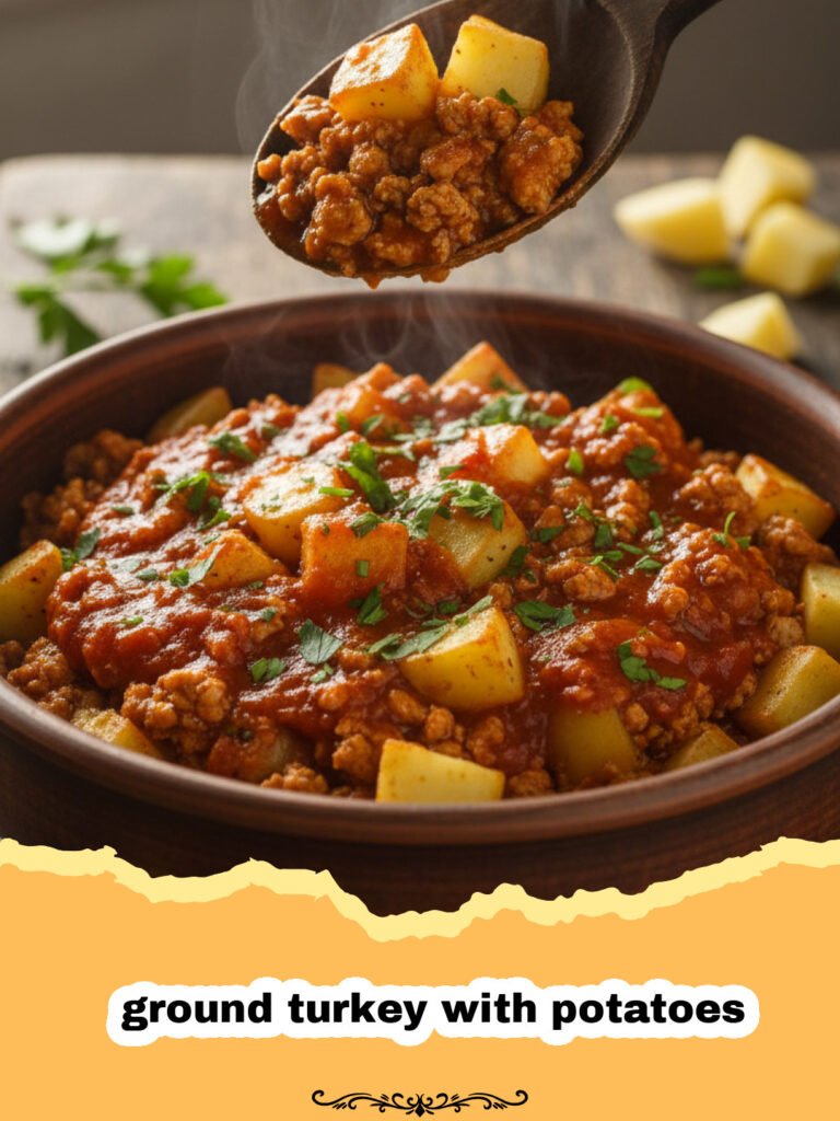 One-Pan Savory Ground Turkey with Potatoes Skillet 5 ground turkey with potatoes - A cast iron skillet filled with browned ground turkey, diced potatoes, and red bell peppers.