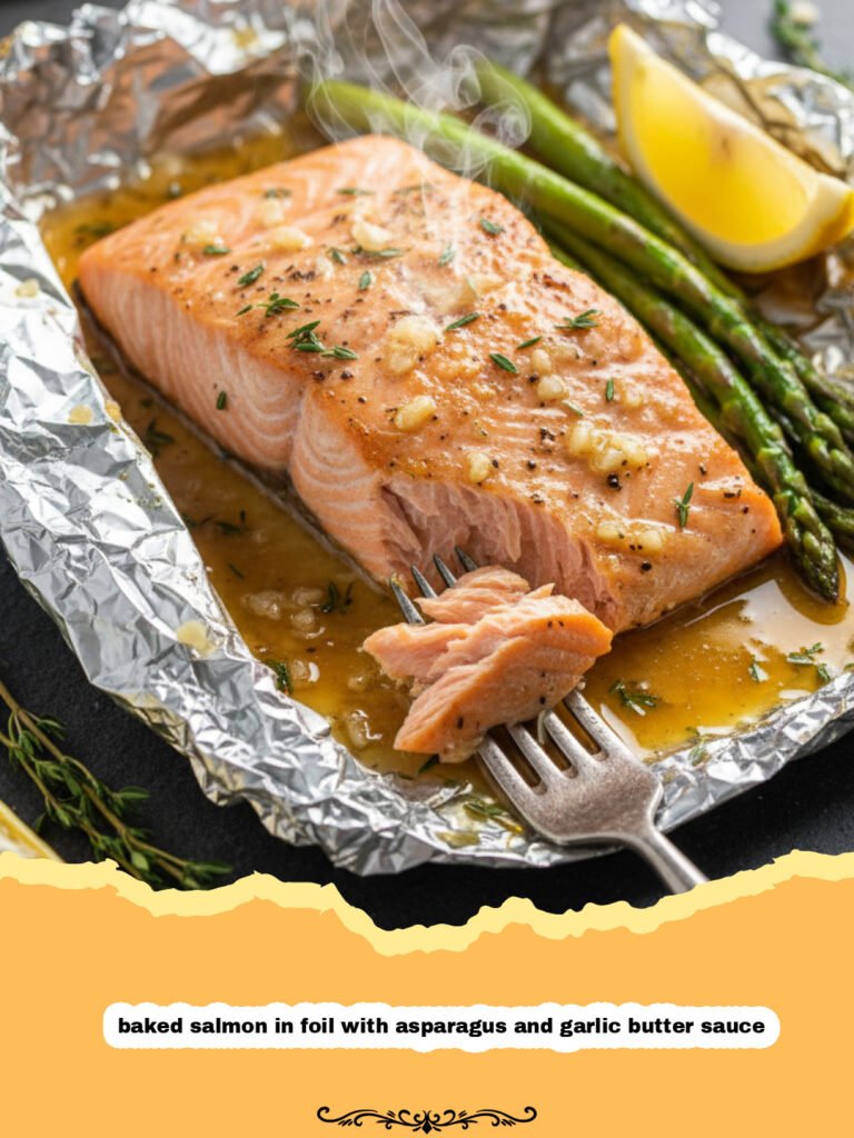 baked salmon in foil with asparagus and garlic butter sauce - Baked salmon in foil with asparagus and garlic butter sauce on a plate