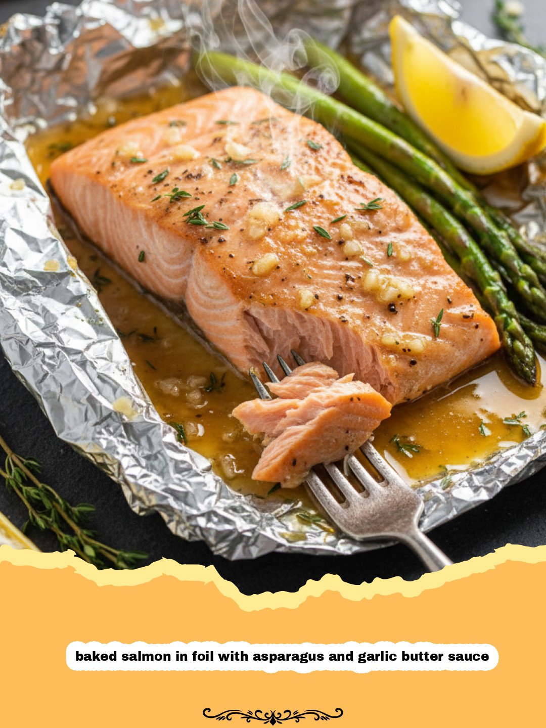 baked salmon in foil with asparagus and garlic butter sauce - Baked salmon in foil with asparagus and garlic butter sauce on a plate