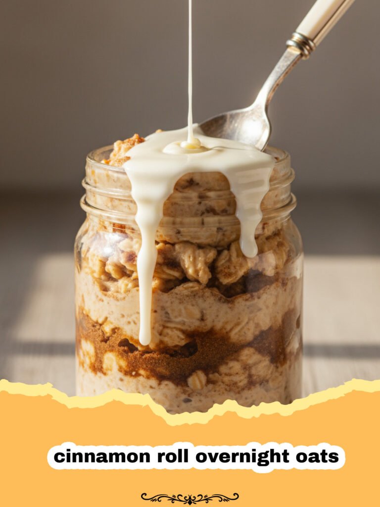 Cinnamon Roll Overnight Oats: The Ultimate Healthy Breakfast Treat 5 A glass jar filled with creamy cinnamon roll overnight oats topped with a yogurt swirl and cinnamon.