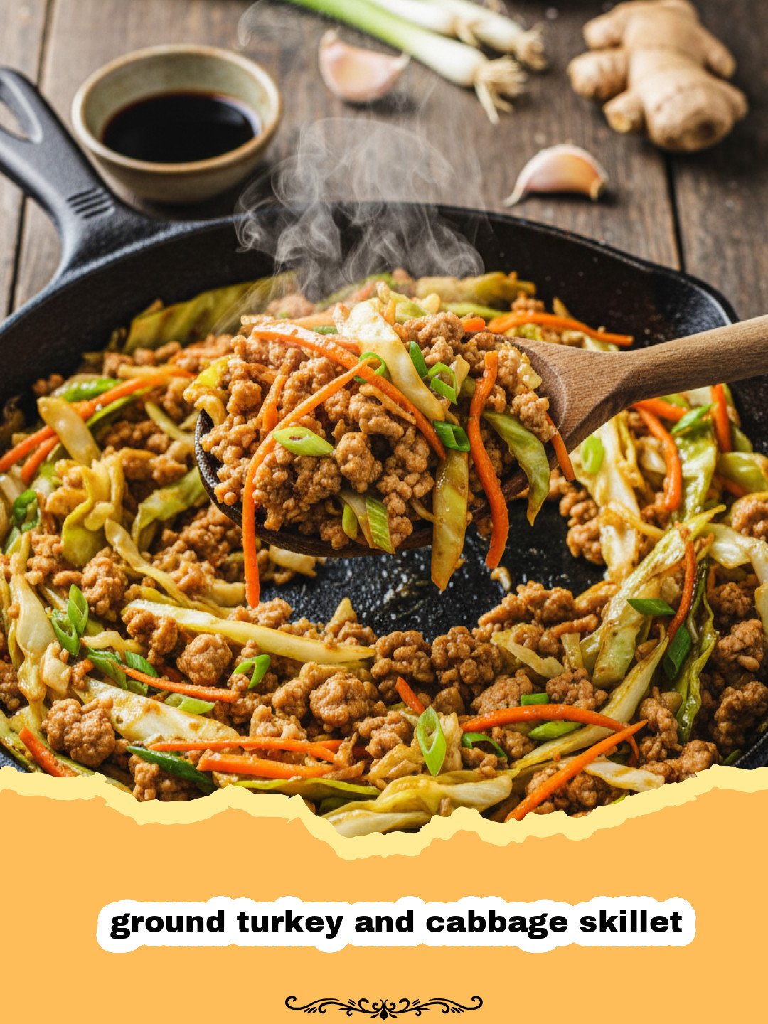 A sizzling ground turkey and cabbage skillet garnished with green onions and sesame seeds.