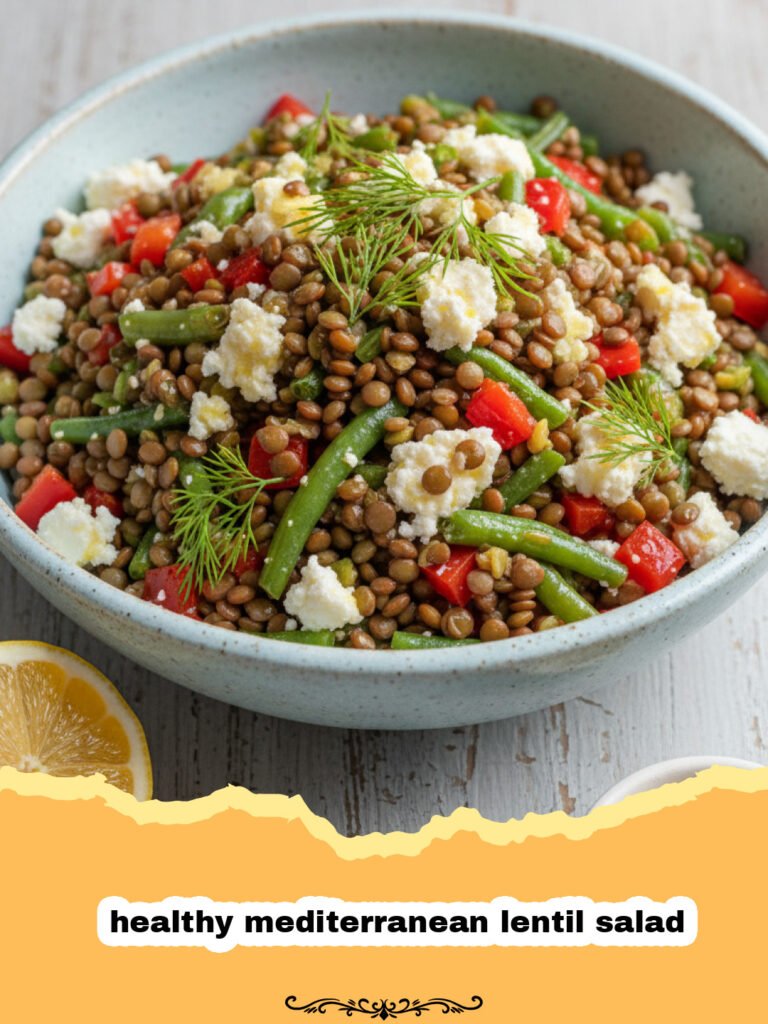 A close-up of a healthy mediterranean lentil salad with green lentils, red tomatoes, and white feta cheese in a ceramic bowl.