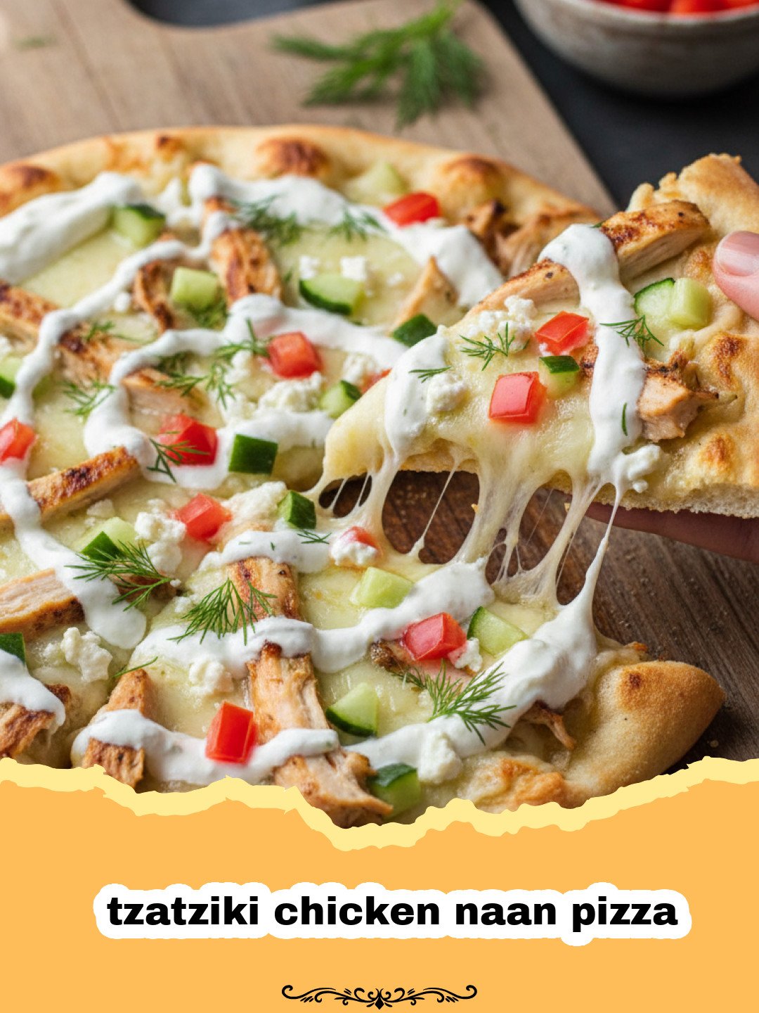 Healthy and Easy Tzatziki Chicken Naan Pizza 3 Two tzatziki chicken naan pizzas on a wooden serving board with fresh vegetables.