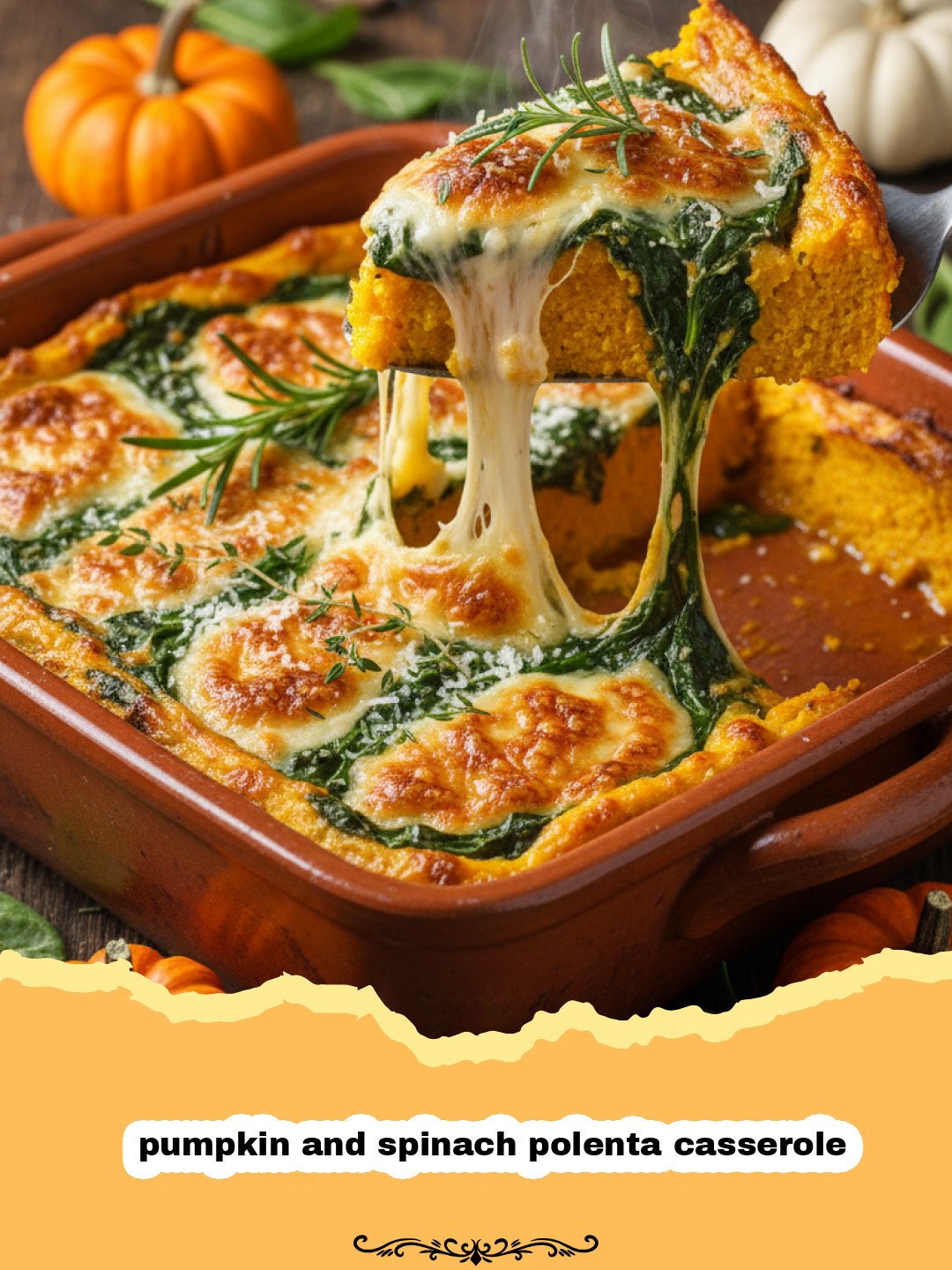 Golden Pumpkin and Spinach Polenta Casserole 3 A bubbling golden pumpkin and spinach polenta casserole in a white ceramic dish