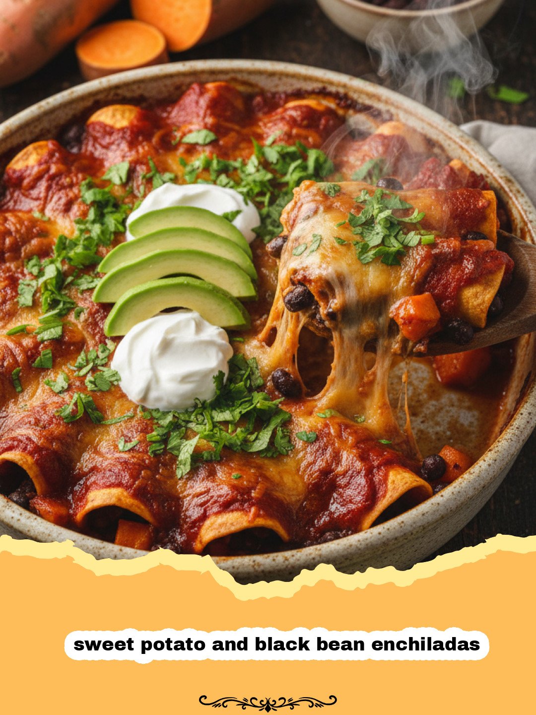 A tray of cheesy sweet potato and black bean enchiladas garnished with cilantro