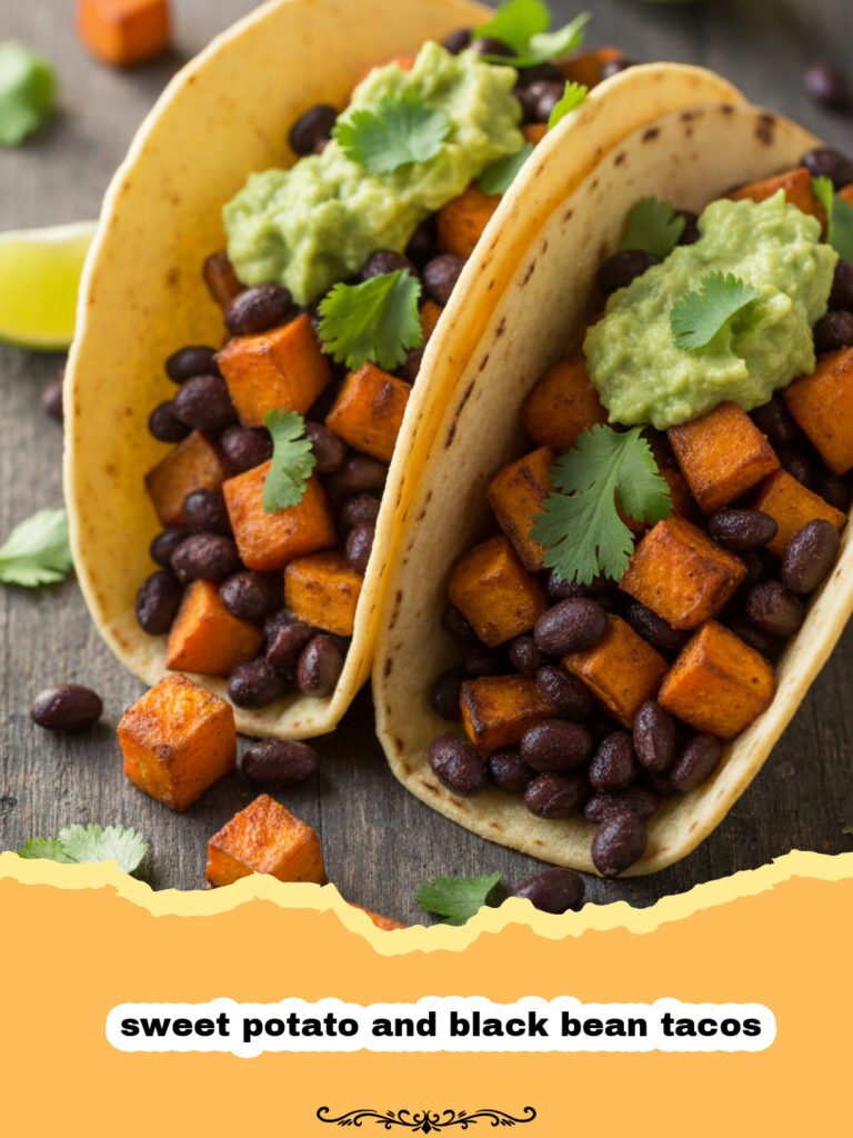 The Ultimate Sweet Potato and Black Bean Tacos with Lime Crema 5 A close up shot of three sweet potato and black bean tacos topped with cilantro and lime crema.