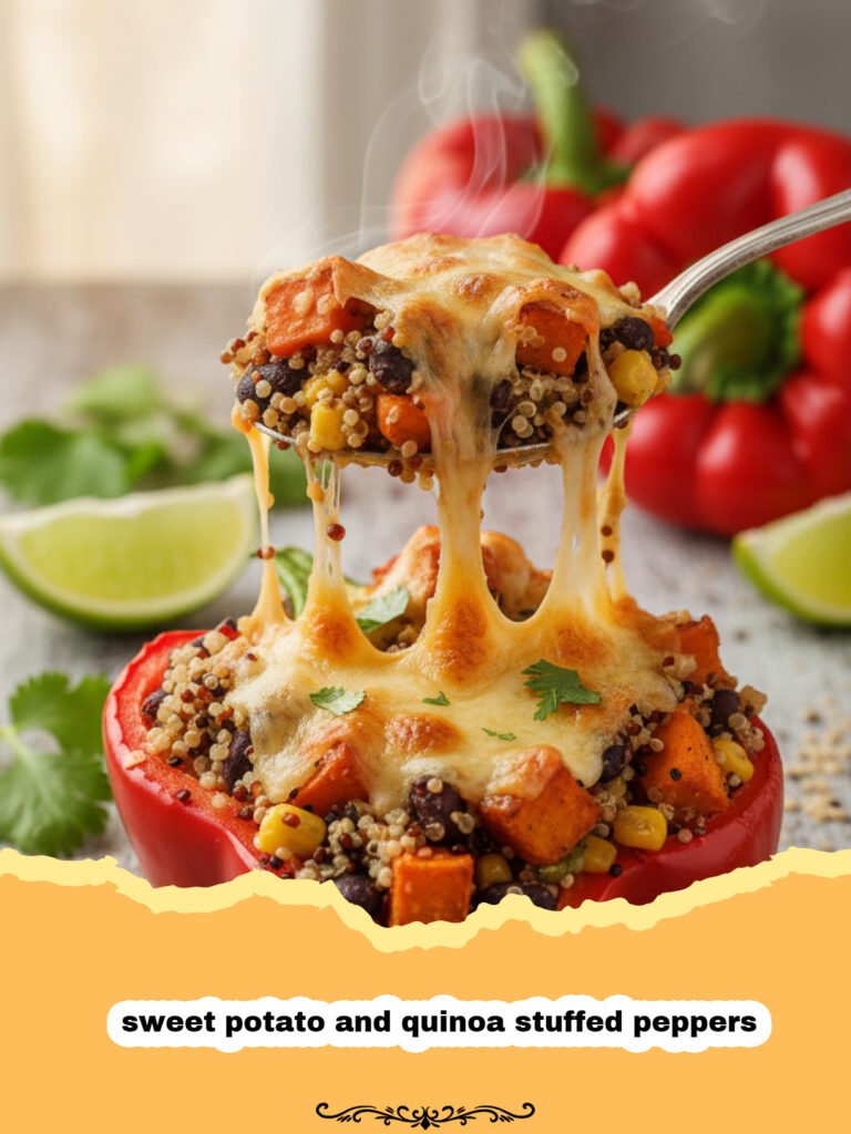 A tray of colorful sweet potato and quinoa stuffed peppers garnished with cilantro.