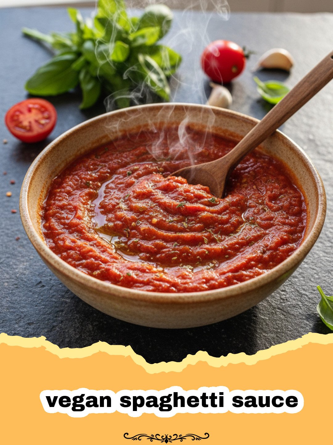 The Most Flavorful Homemade Vegan Spaghetti Sauce You'll Ever Make 3 A close-up shot of rich vegan spaghetti sauce over al dente pasta with fresh basil garnish.