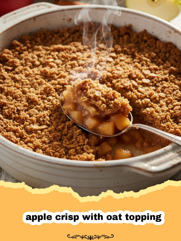 A close-up of a golden brown apple crisp with oat topping in a ceramic baking dish.