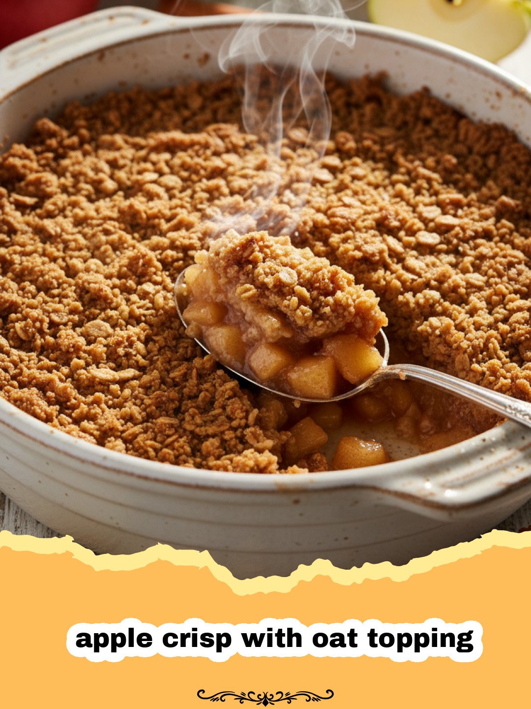A close-up of a golden brown apple crisp with oat topping in a ceramic baking dish.