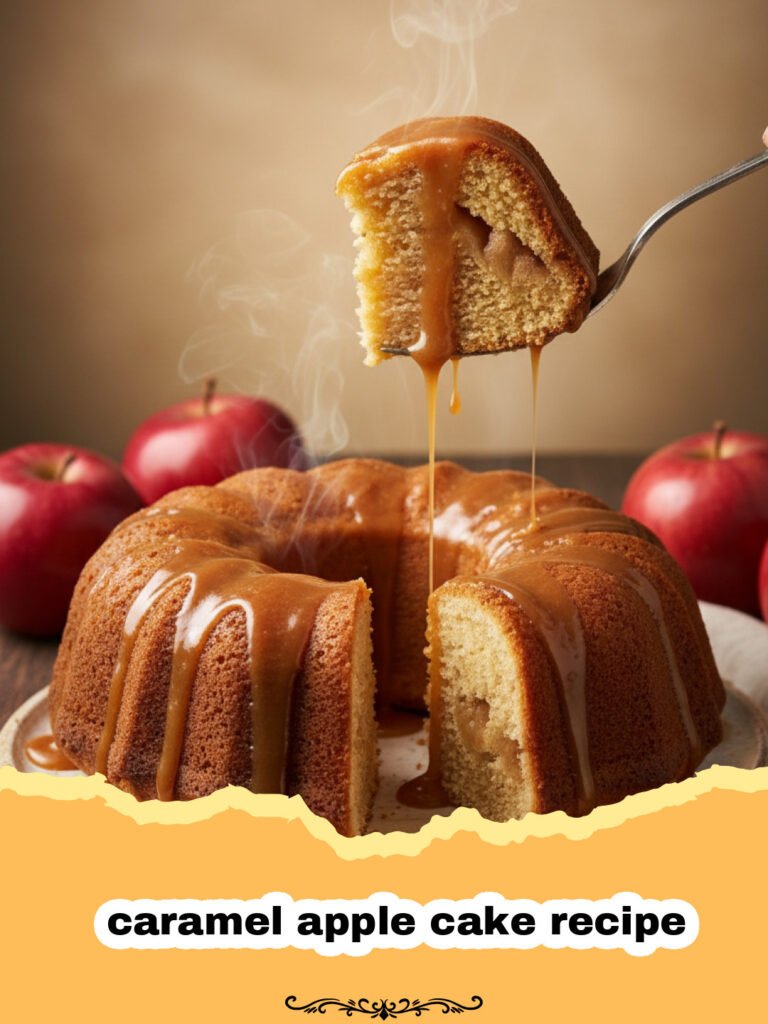 caramel apple cake recipe - A close-up shot of a slice of caramel apple cake with golden glaze dripping down the sides.