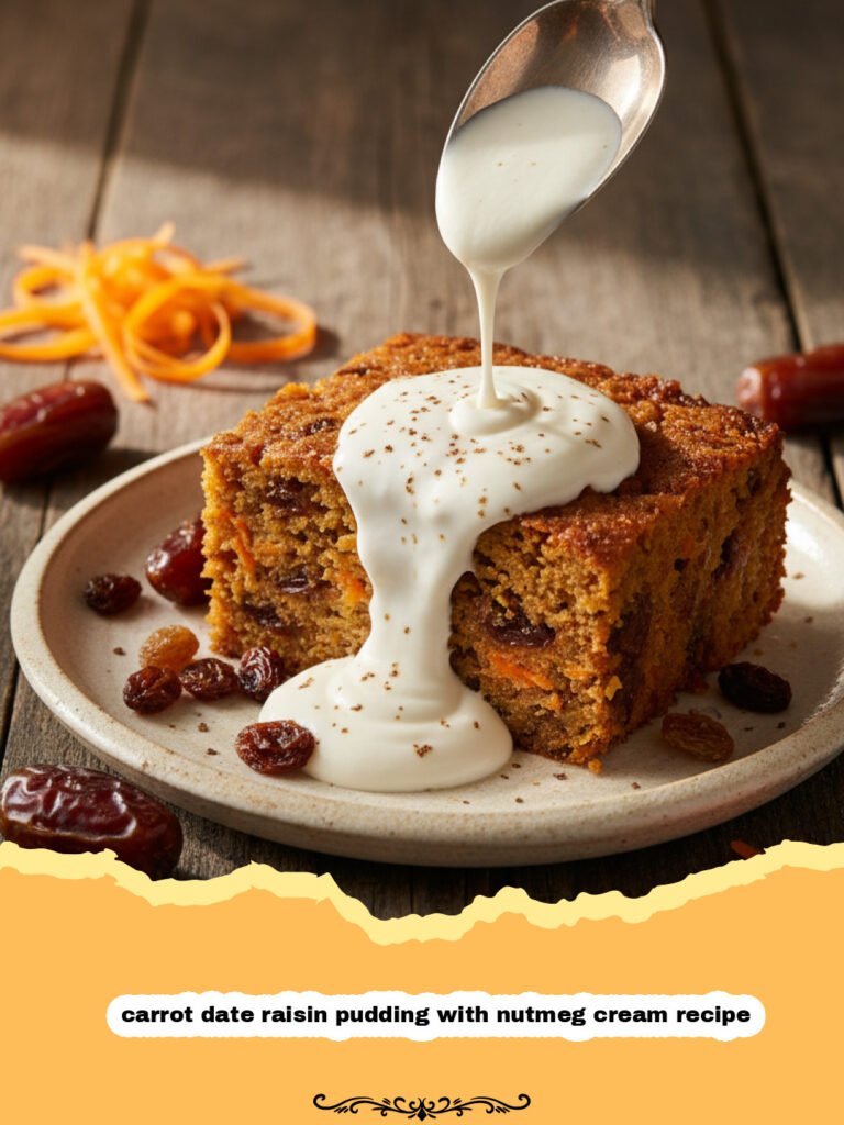 carrot date raisin pudding with nutmeg cream recipe - A warm slice of carrot date raisin pudding topped with a large dollop of nutmeg cream.