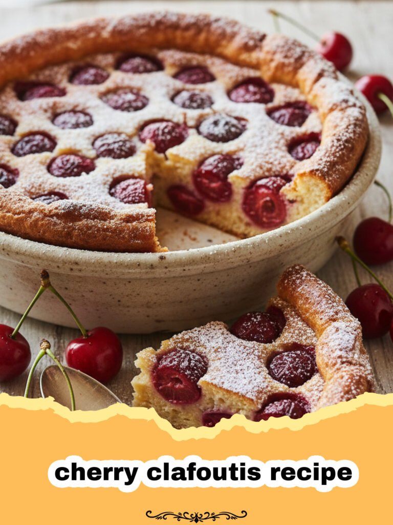 cherry clafoutis recipe - A golden brown cherry clafoutis dusted with powdered sugar in a ceramic dish.
