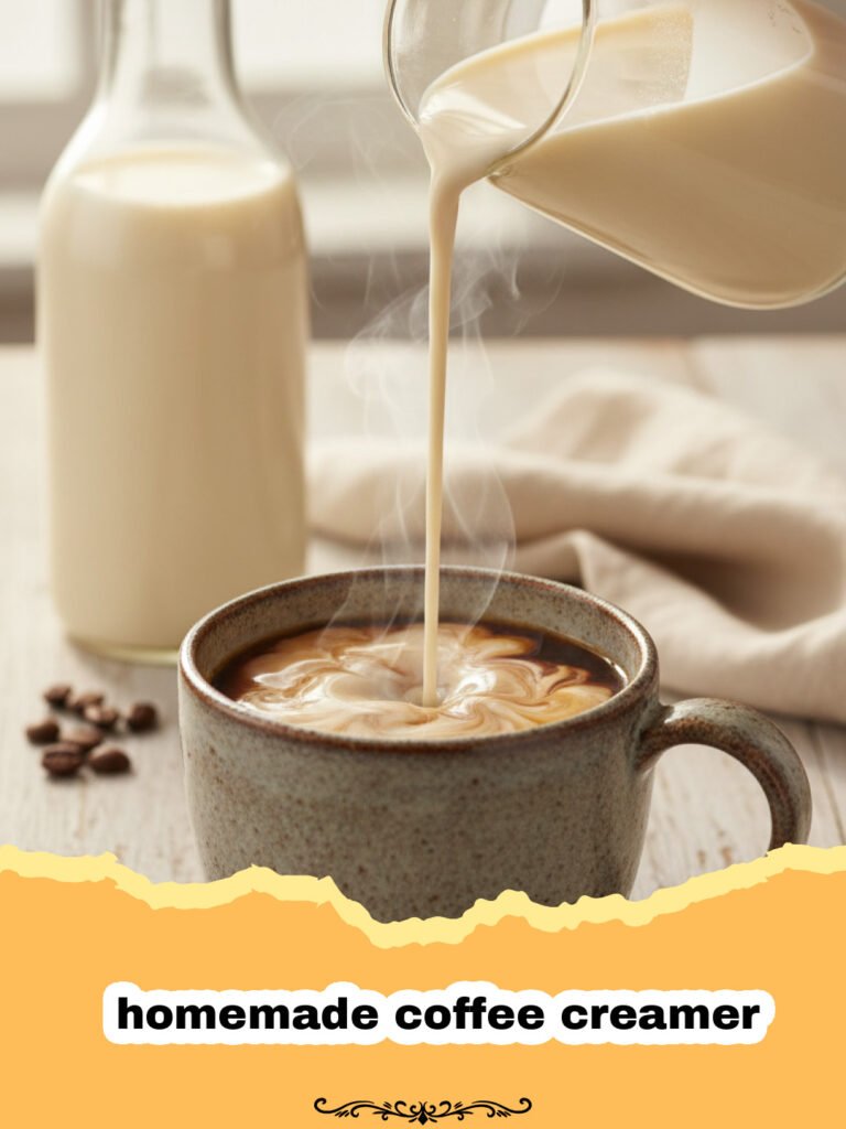 A glass jar filled with homemade coffee creamer next to a cup of hot coffee.