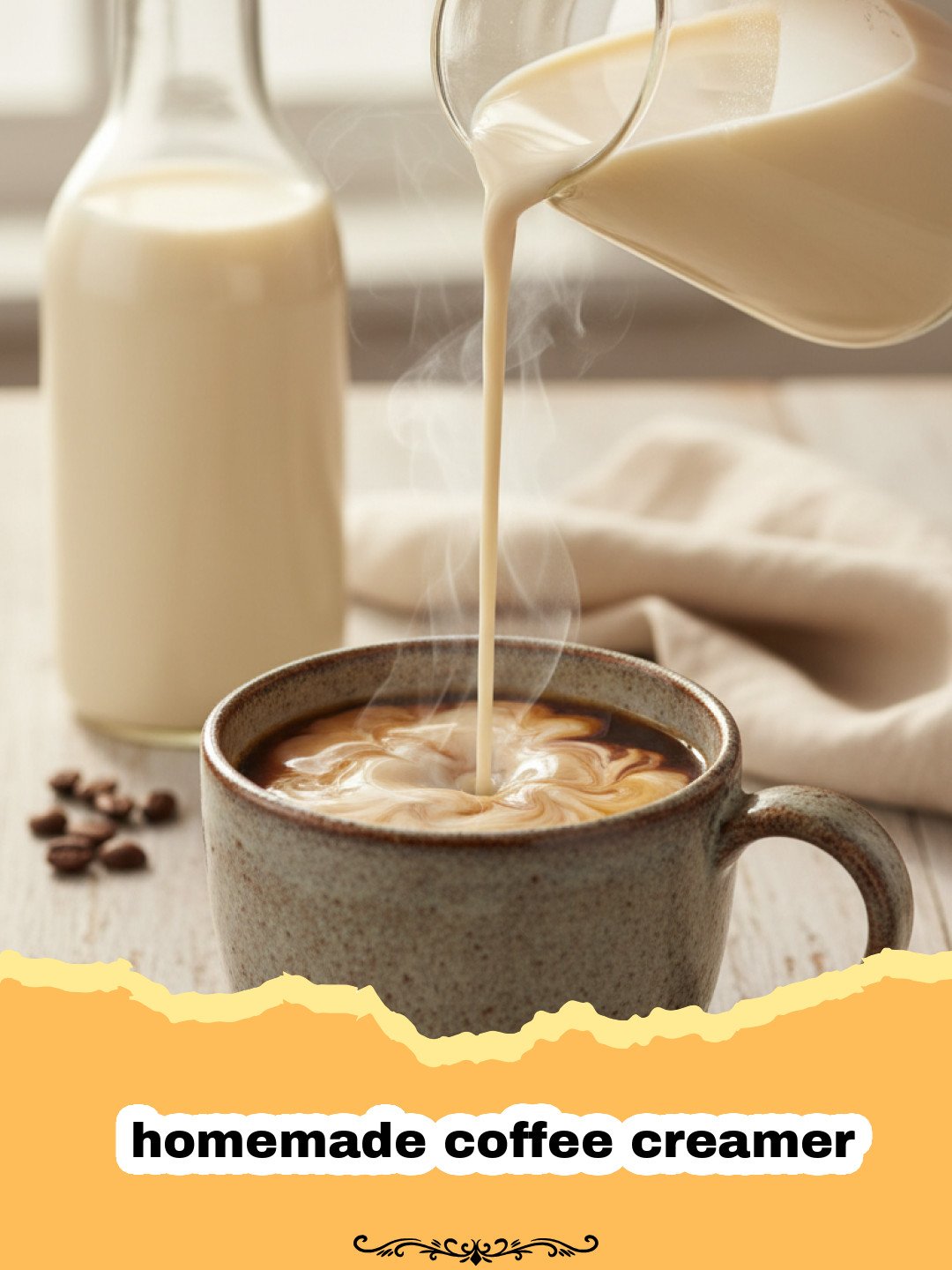 A glass jar filled with homemade coffee creamer next to a cup of hot coffee.
