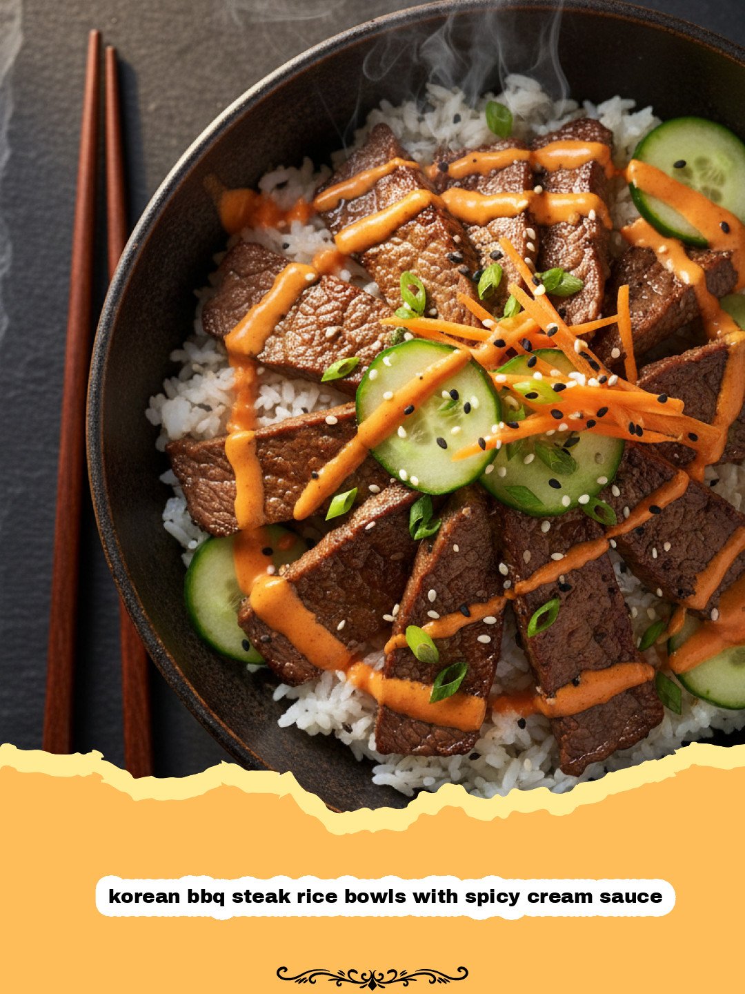 korean bbq steak rice bowls with spicy cream sauce - A vibrant bowl of Korean BBQ steak over white rice with cucumbers, carrots, and a drizzle of spicy cream sauce.