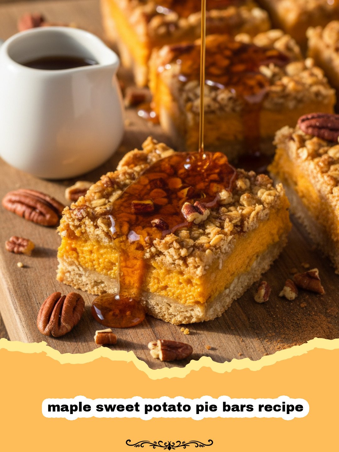maple sweet potato pie bars recipe - A close up of sliced maple sweet potato pie bars on a wooden board with a drizzle of maple syrup