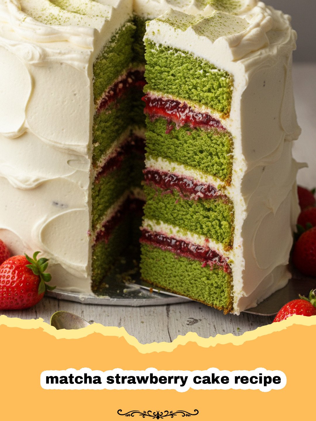 matcha strawberry cake recipe - A beautiful slice of green matcha cake layered with white cream and fresh red strawberries.
