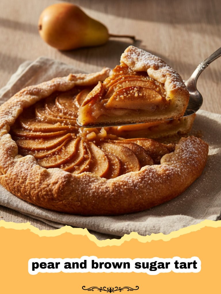 The Most Exquisite Pear and Brown Sugar Tart Recipe for Fall 5 A golden-brown pear and brown sugar tart on a wooden cooling rack