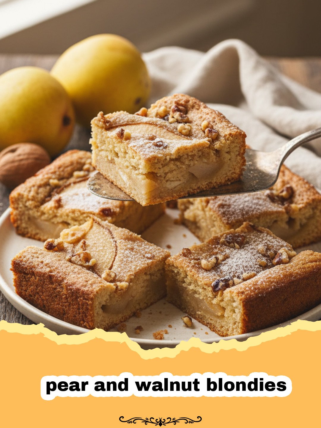 The Ultimate Pear and Walnut Blondies for Fall 3 A stack of chewy pear and walnut blondies on a wooden board.