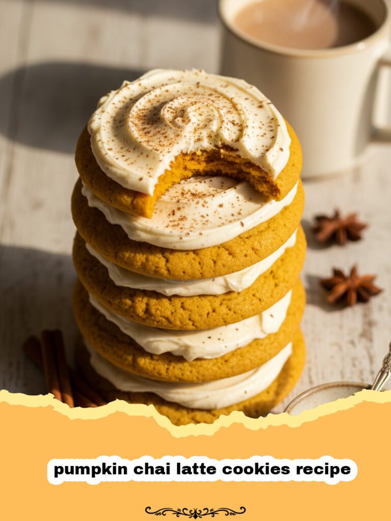 pumpkin chai latte cookies recipe - A stack of soft pumpkin chai latte cookies with white glaze drizzle on a rustic wooden board.