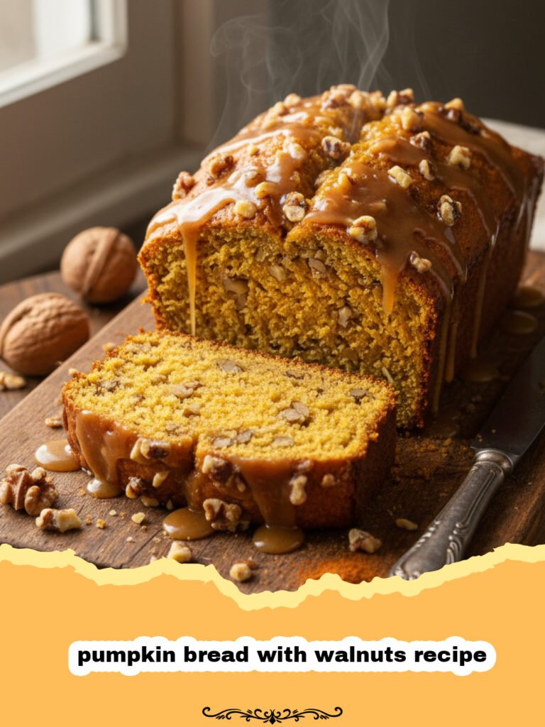 pumpkin bread with walnuts recipe - A thick slice of moist pumpkin bread with walnuts resting on a wooden board.