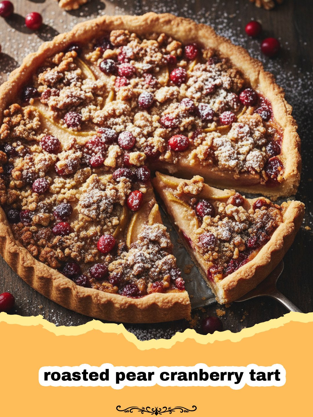 A beautiful roasted pear cranberry tart with golden pears and red cranberries in a fluted crust.