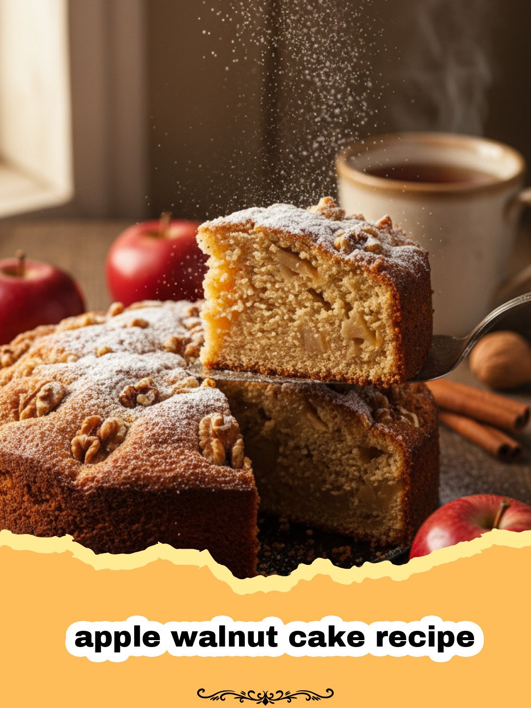 The Ultimate Spiced Apple Walnut Cake Recipe 3 apple walnut cake recipe - A beautiful whole apple walnut cake on a wooden serving platter, garnished with powdered sugar.