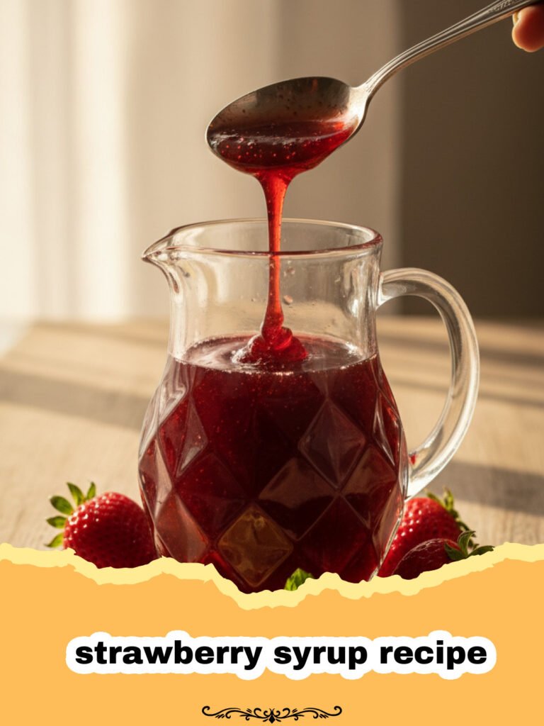 strawberry syrup recipe - A glass jar filled with vibrant red homemade strawberry syrup next to fresh berries.