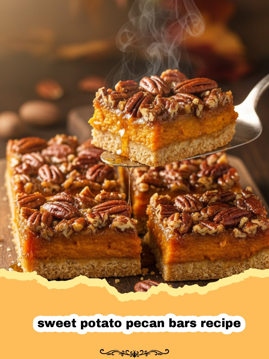 sweet potato pecan bars recipe - A close-up of sliced sweet potato pecan bars showing the layers of crust, orange filling, and nut topping.
