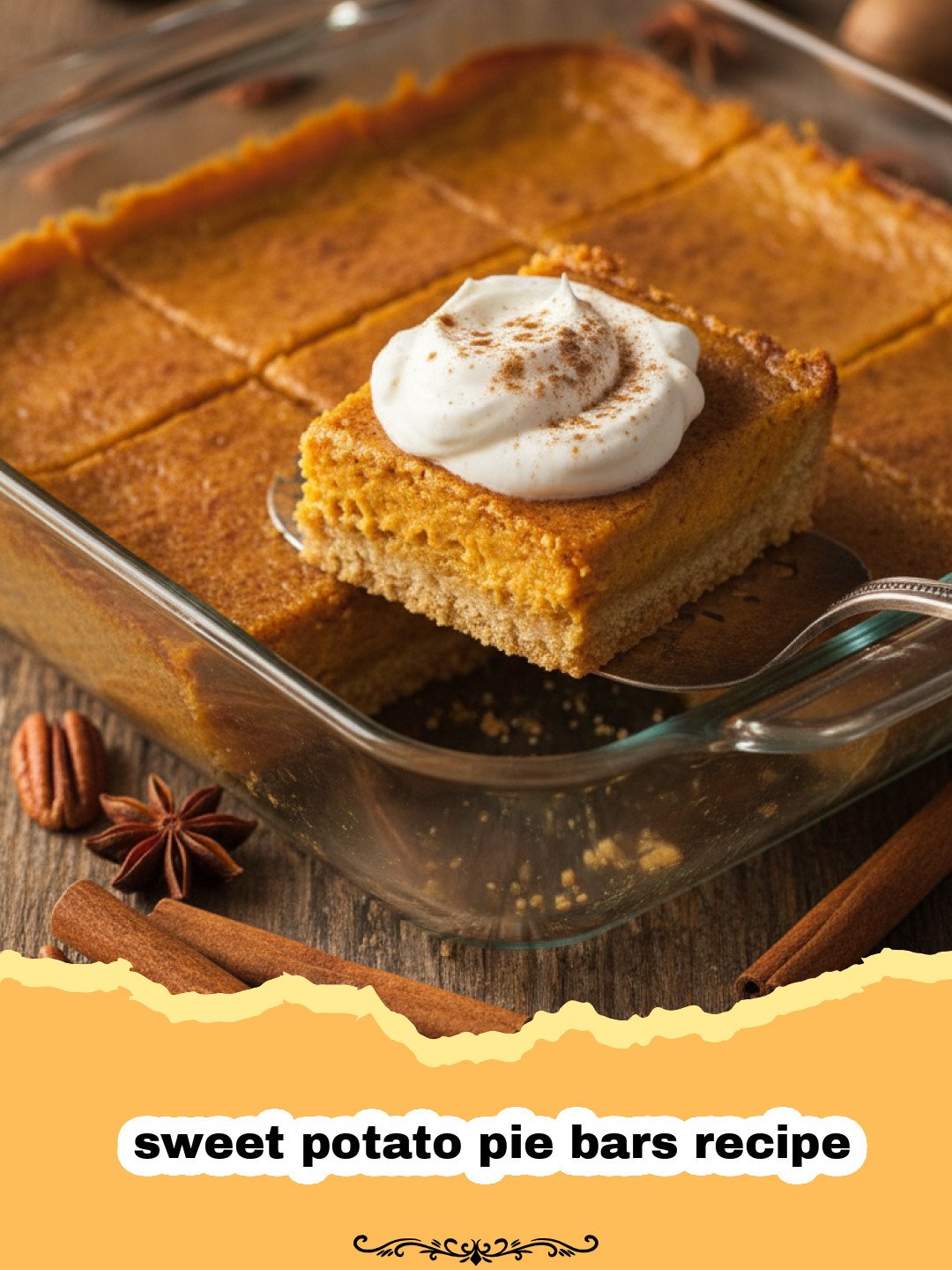 sweet potato pie bars recipe - A tray of freshly sliced sweet potato pie bars with a dusting of cinnamon.