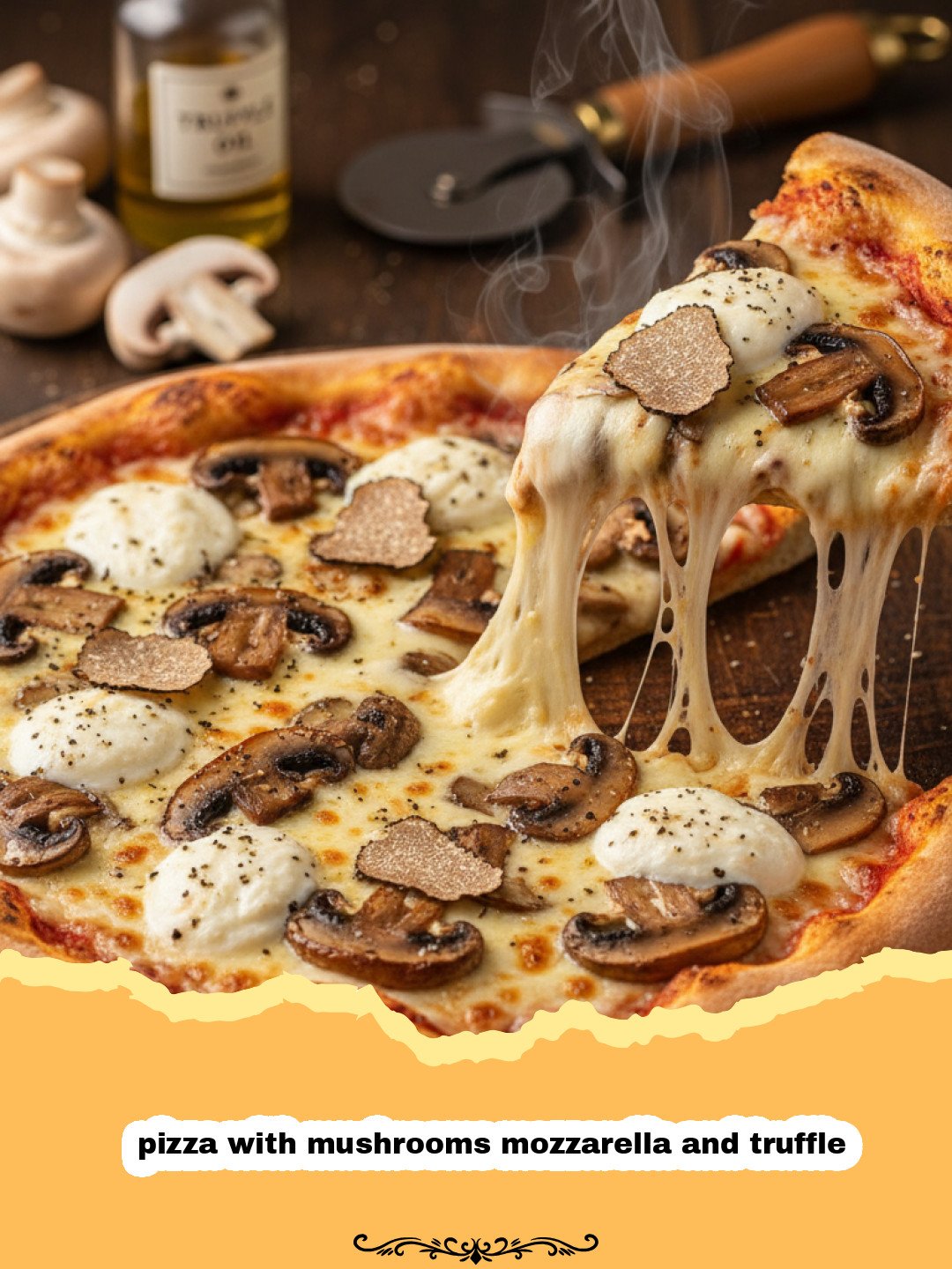 Gourmet Homemade Pizza with Mushrooms Mozzarella and Truffle 3 Close up of a pizza with mushrooms mozzarella and truffle showing melted cheese and charred crust.