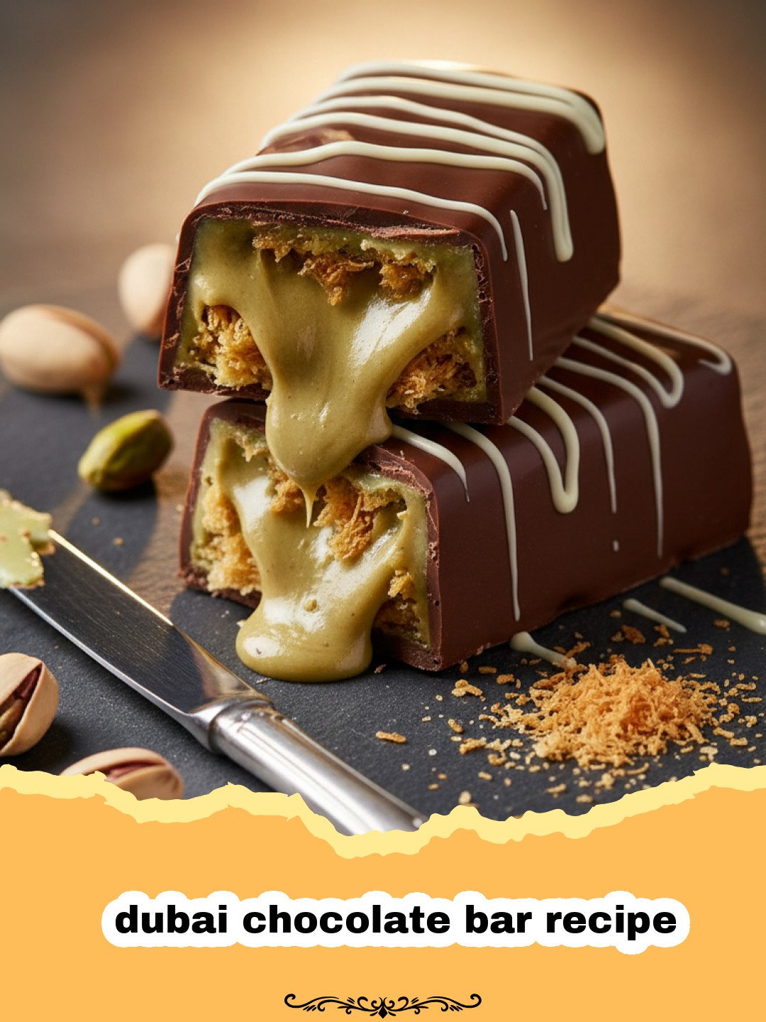dubai chocolate bar recipe - Close up of a broken Dubai chocolate bar revealing a bright green pistachio and crunchy kataifi filling