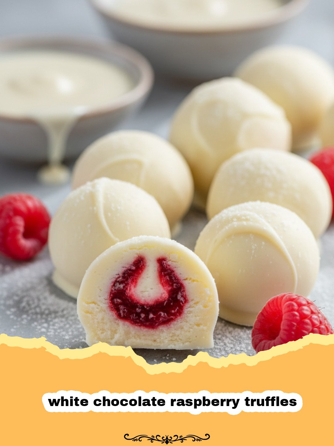 A close up shot of pink white chocolate raspberry truffles dusted with raspberry powder on a white marble surface.