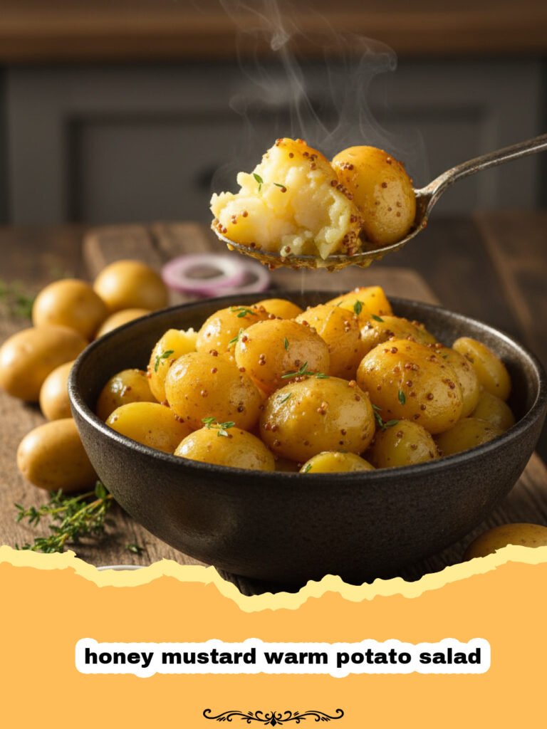 A bowl of honey mustard warm potato salad garnished with fresh parsley and red onions.