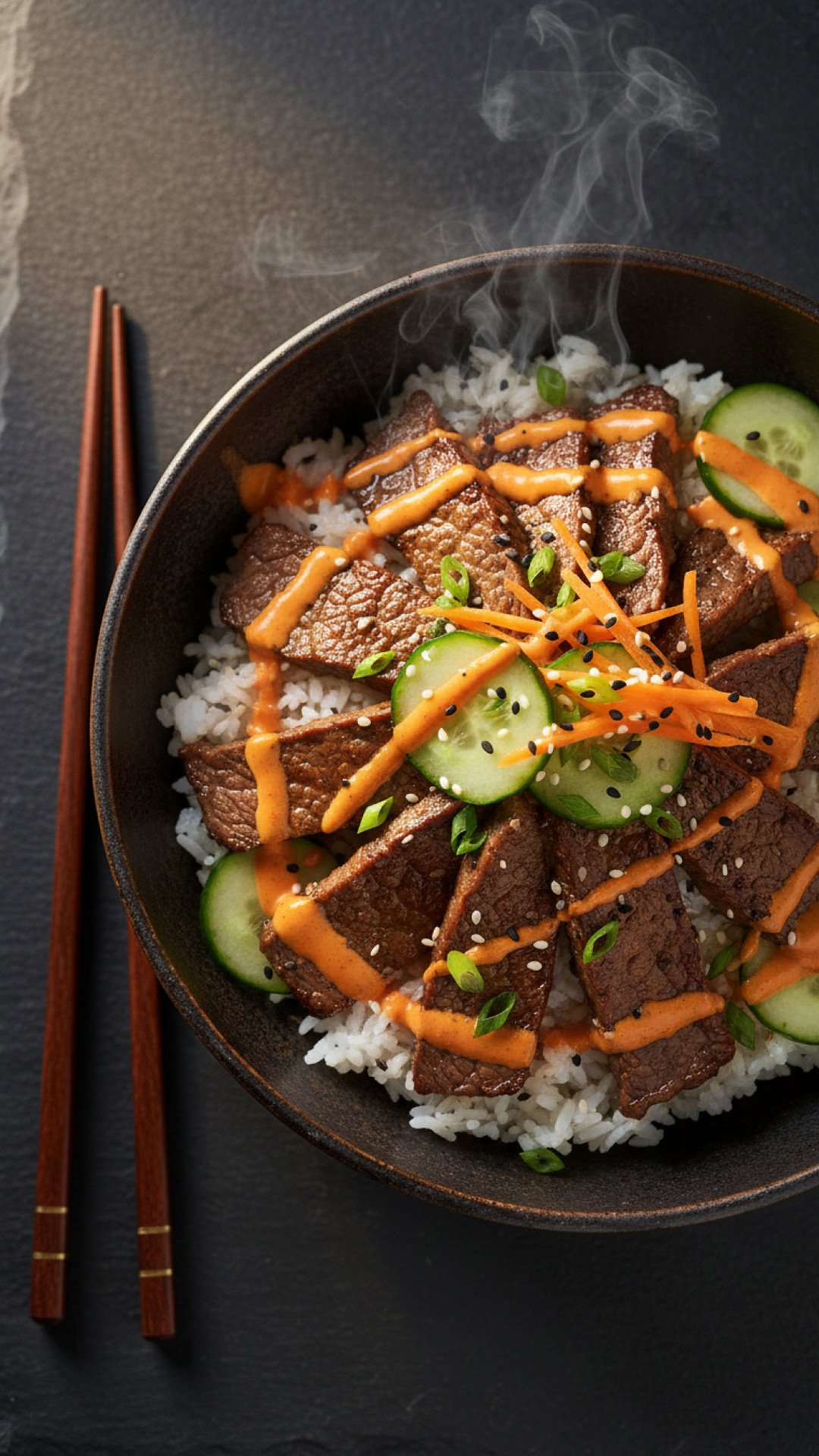 Korean BBQ Steak Rice Bowls with Spicy Cream Sauce Preparation