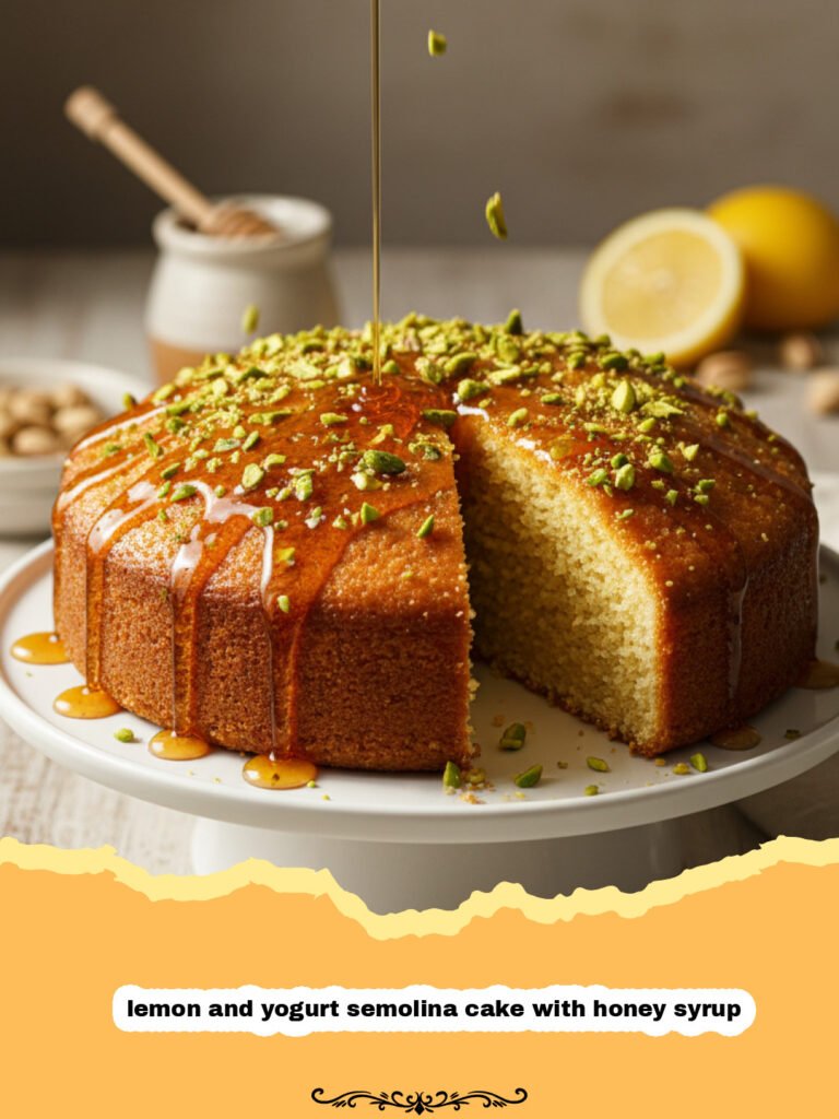 The Ultimate Refreshing Lemon and Yogurt Semolina Cake with Honey Syrup 5 A beautiful golden lemon and yogurt semolina cake with honey syrup on a white plate.