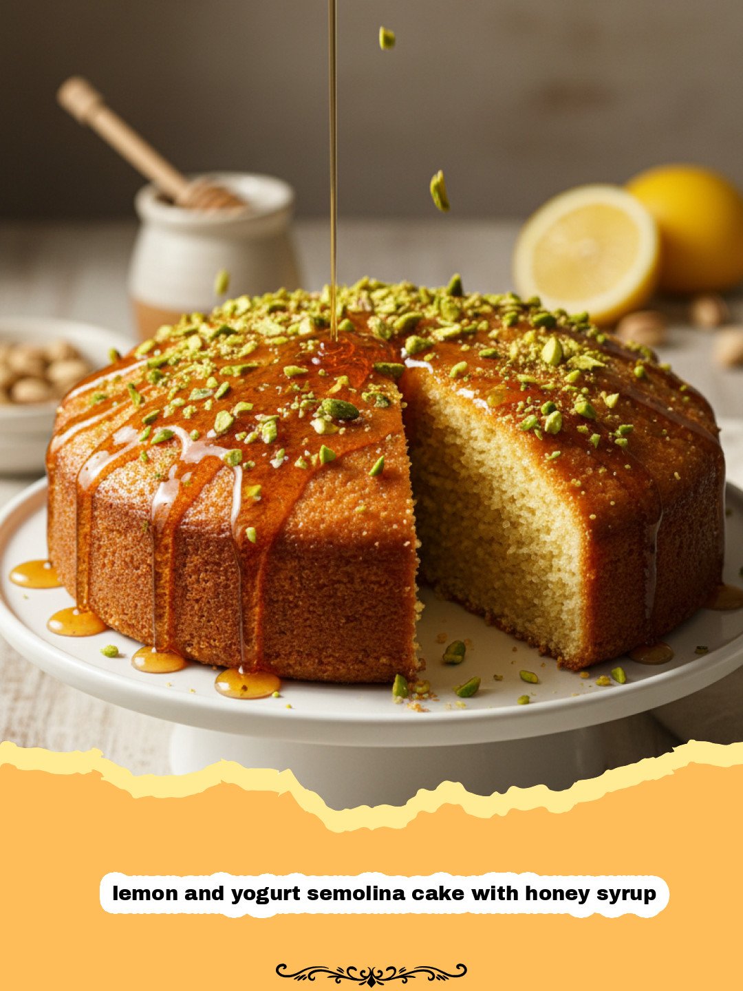 The Ultimate Refreshing Lemon and Yogurt Semolina Cake with Honey Syrup 3 A beautiful golden lemon and yogurt semolina cake with honey syrup on a white plate.