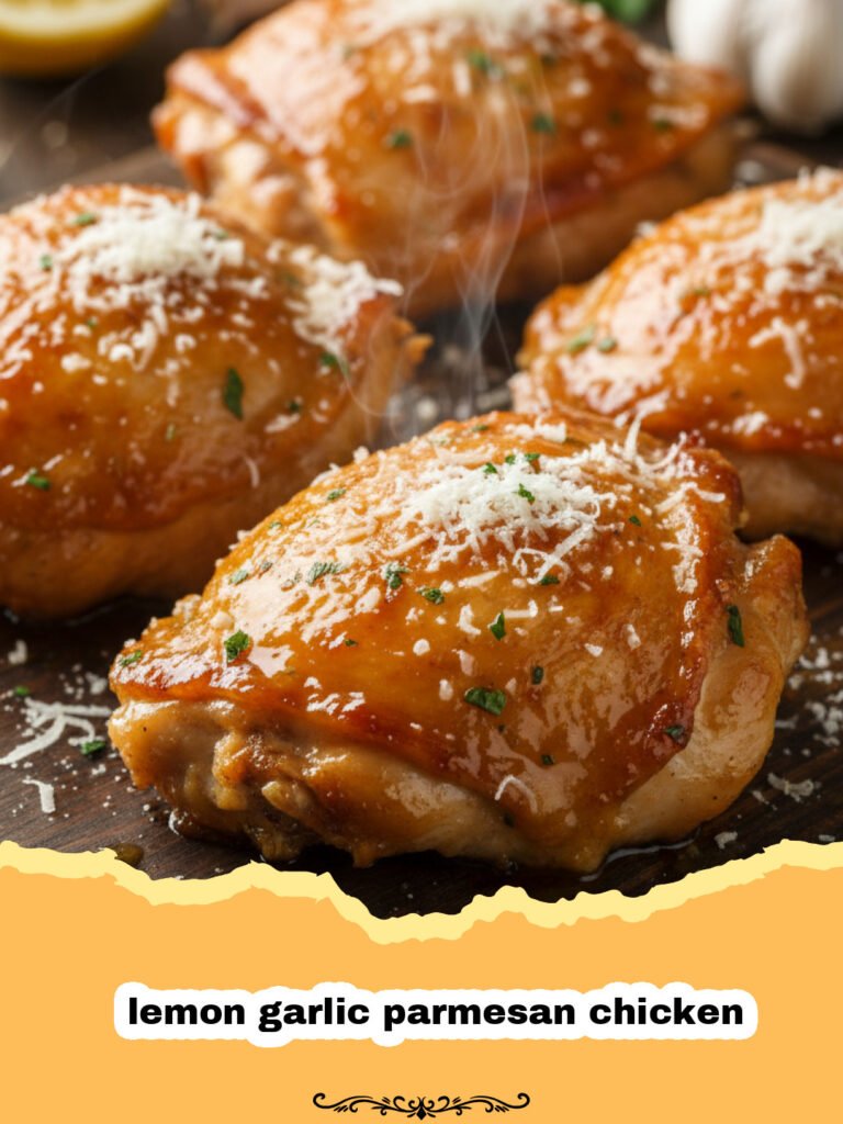 Close up of pan-seared lemon garlic parmesan chicken in a skillet garnished with parsley and lemon slices.