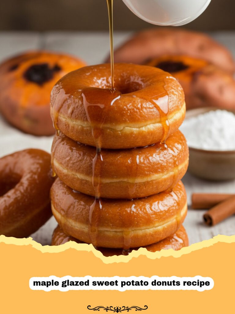 maple glazed sweet potato donuts recipe - A stack of maple glazed sweet potato donuts on a wire cooling rack with autumn decorations.