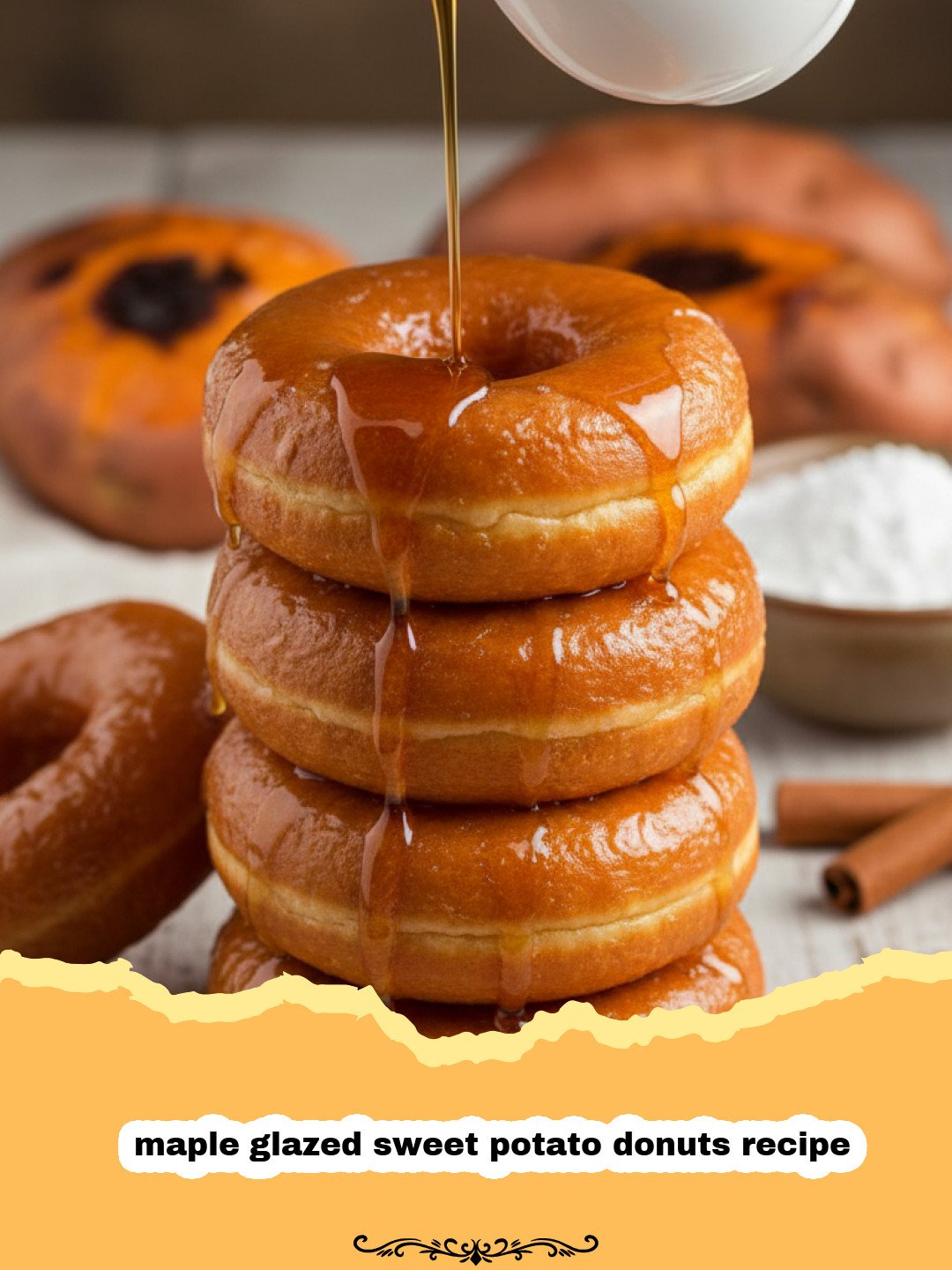 maple glazed sweet potato donuts recipe - A stack of maple glazed sweet potato donuts on a wire cooling rack with autumn decorations.