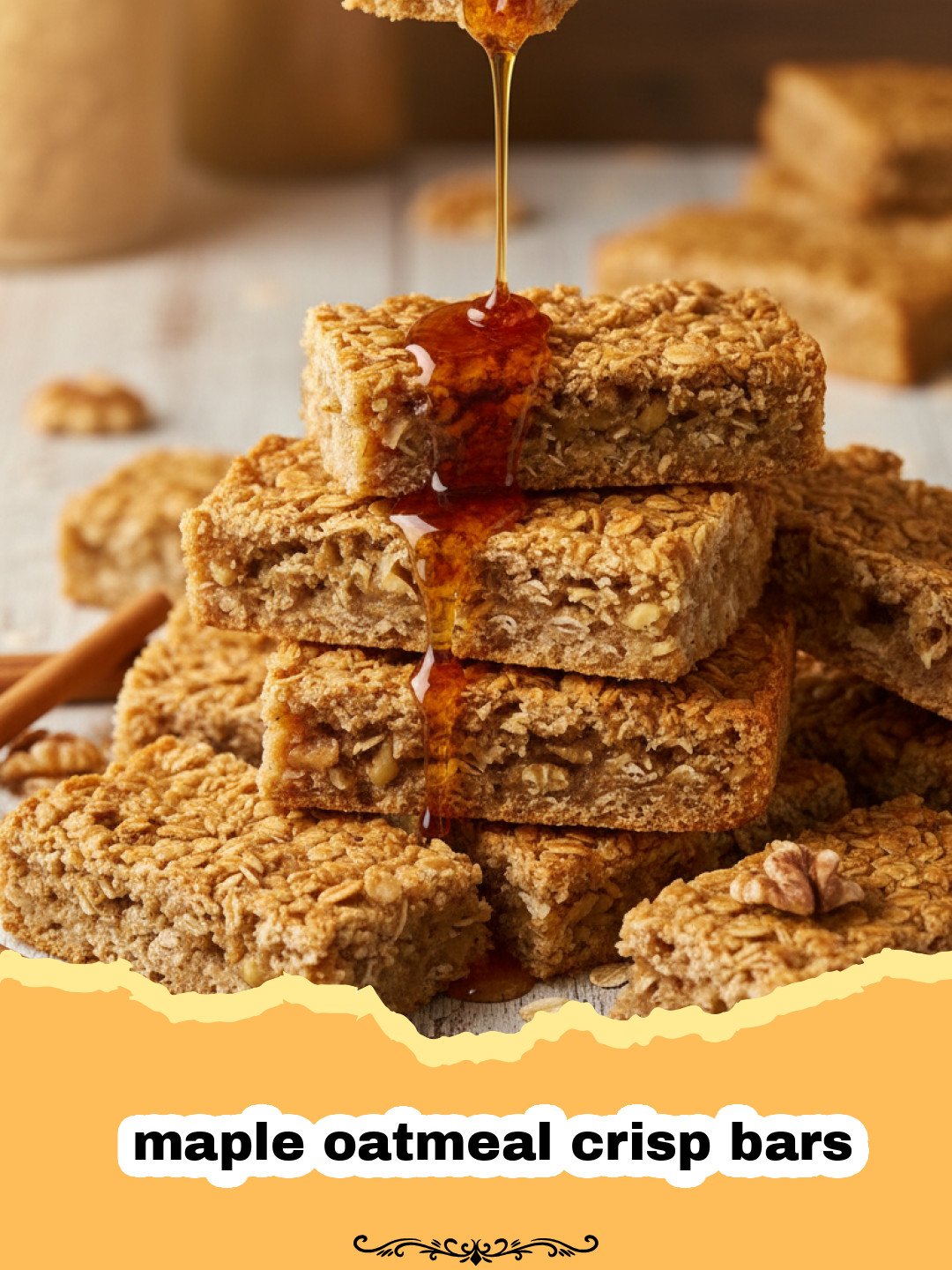 Golden brown maple oatmeal crisp bars sliced on a wooden board.
